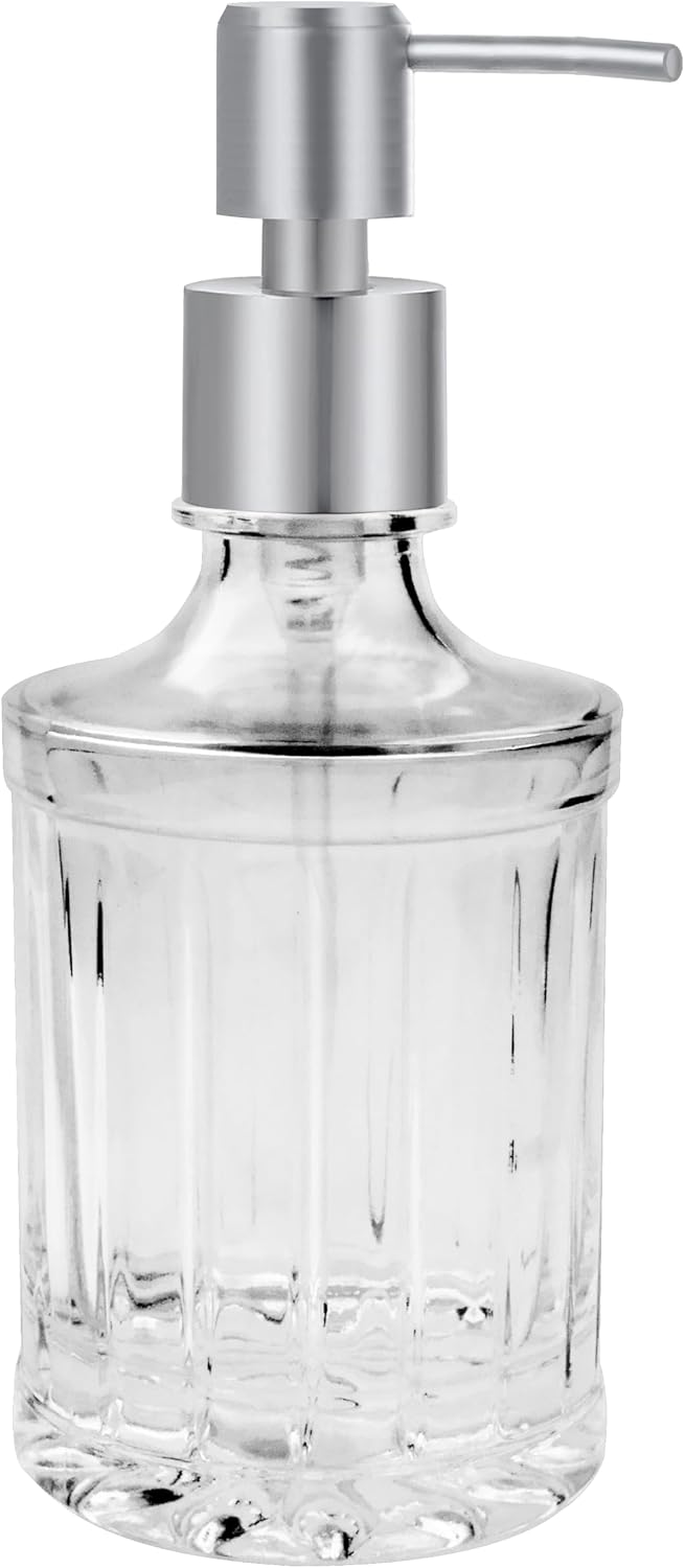 OGGI 10oz Faceted Glass Soap Dispenser with Satin Silver …
